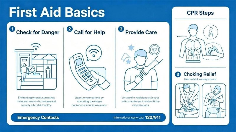 First aid basics — check for danger, call for help, provide care; CPR and choking relief